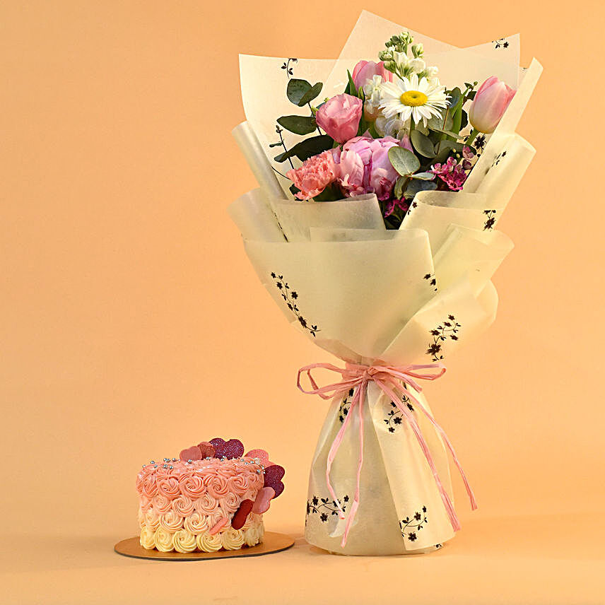 Beautiful Mixed Flowers Bouquet & Floral Heart Choco Cake:Flowers & Cakes Singapore