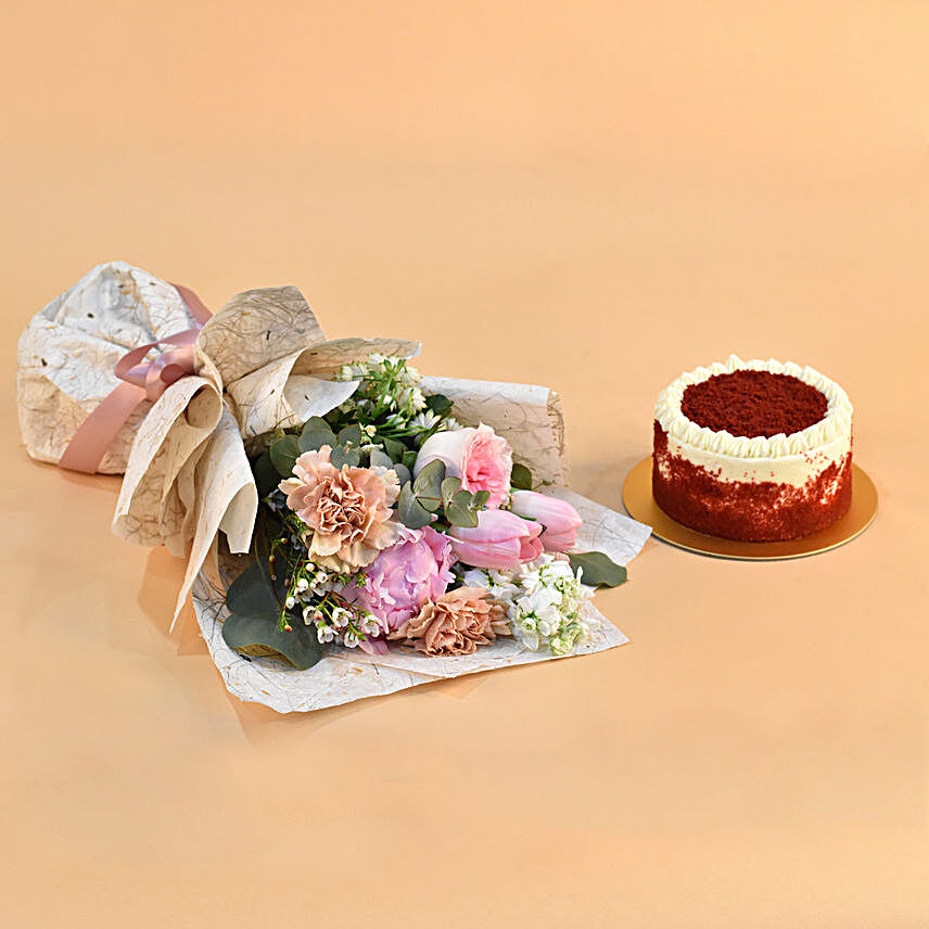 Beautiful Mixed Flowers Bouquet & Red Velvet Cake:Flowers & Cakes Singapore