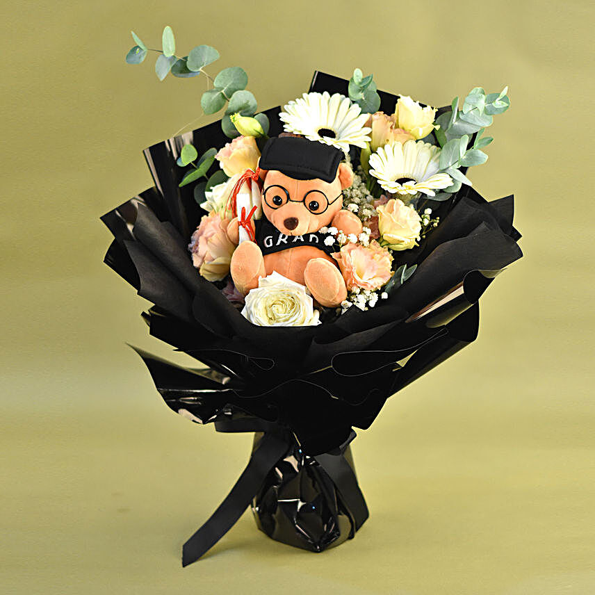 Graduation Teddy & Mixed Flowers Premium Bouquet:Soft toys to Singapore