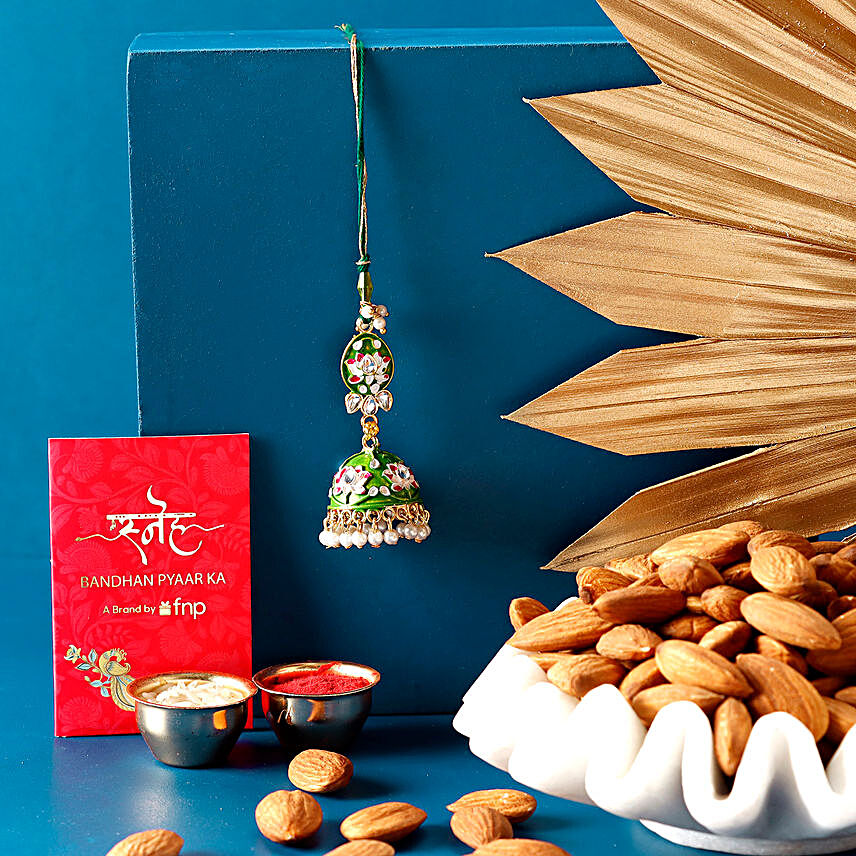 Sneh Designer Lumba Rakhi & Almonds:Rakhi for Bhaiya Bhabhi Singapore
