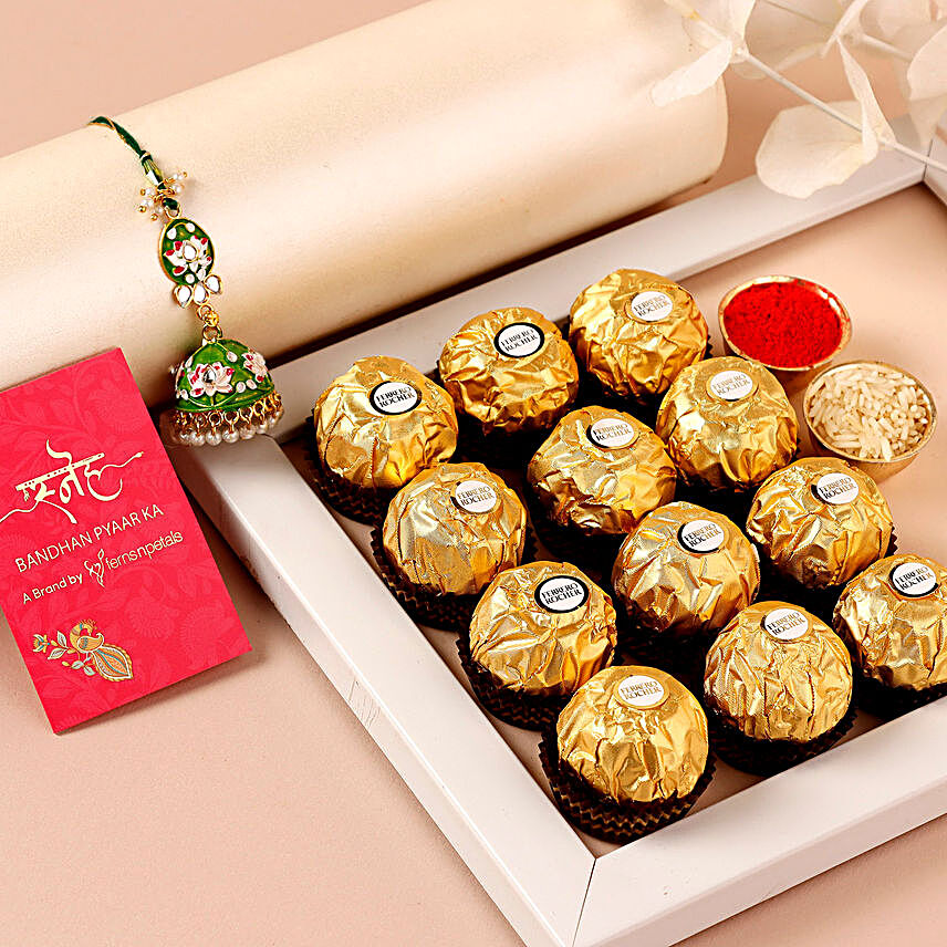 Sneh Designer Lumba Rakhi & Ferrero Rocher Box:Rakhi for Bhaiya Bhabhi Singapore