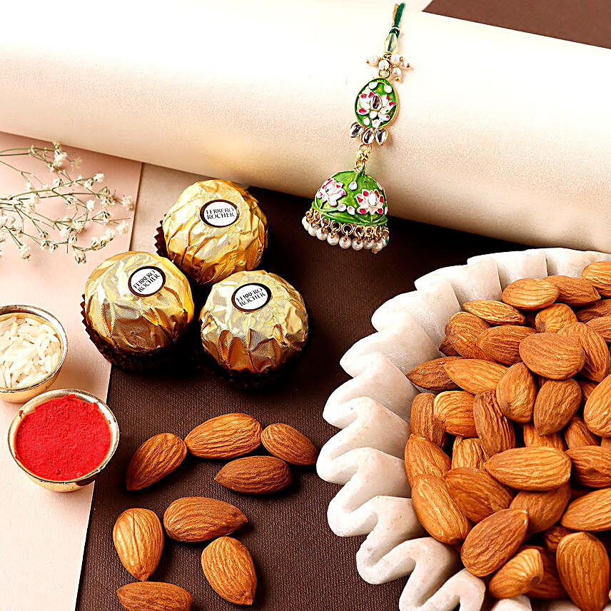 Sneh Lumba Rakhi With Almonds & Ferrero Rocher:Rakhi for Bhaiya Bhabhi in Singapore