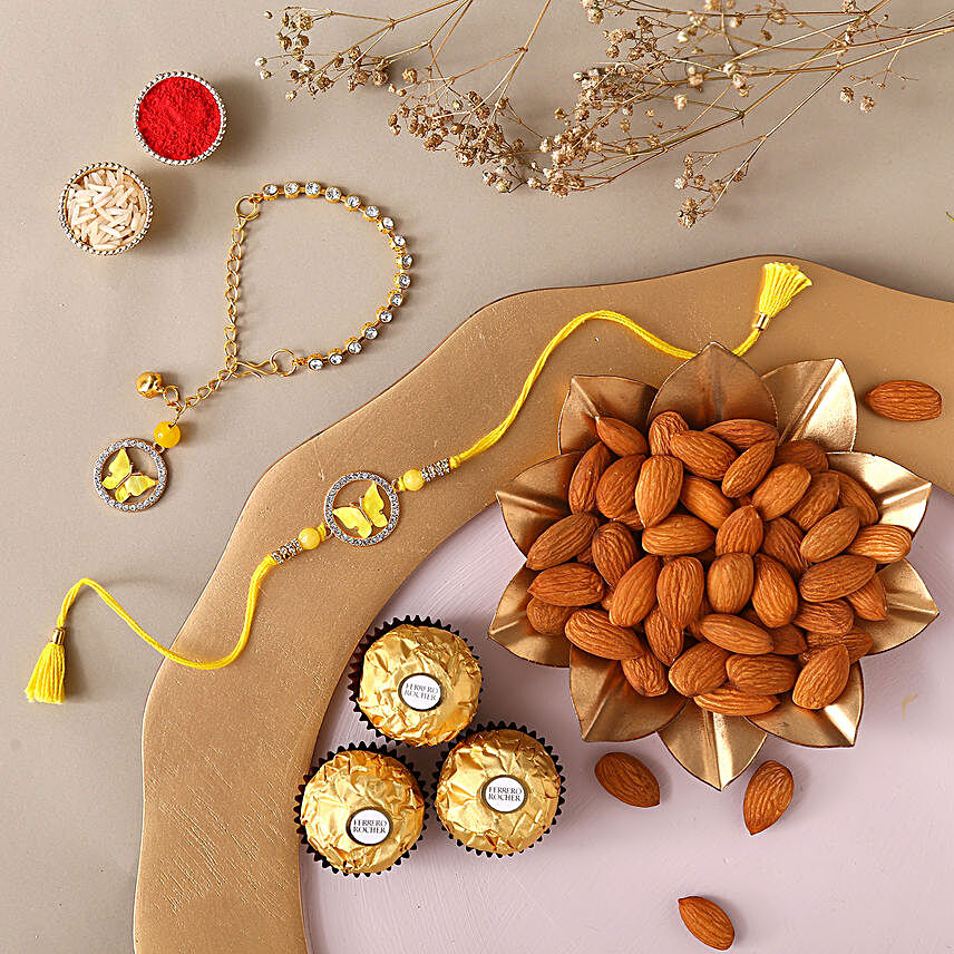 Sneh Yellow Rakhi Set With Almonds & Ferrero Rocher
