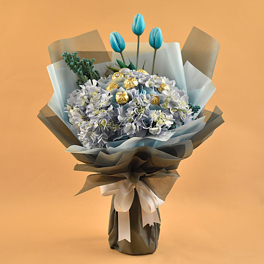 Lovely Mixed Flowers & Ferrero Rocher Bouquet:Rakhi Gifts for Sister in Singapore