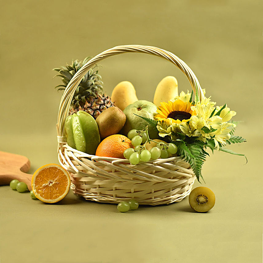 Mixed Flowers & Assorted Fruits Oval Basket:Fruit Basket Delivery Singapore