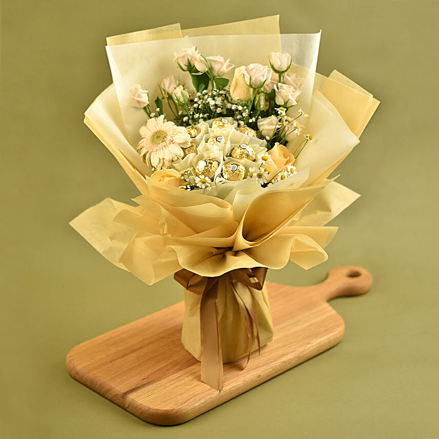 Serene Mixed Flowers & Ferrero Rocher Bouquet:Flowers and Chocolates Delivery in Singapore