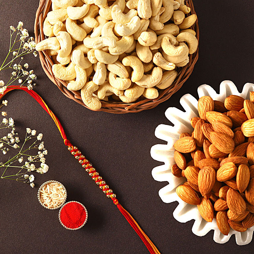 Sneh Classic Gold Rakhi With Almonds & Cashews:Mauli Rakhi to Singapore