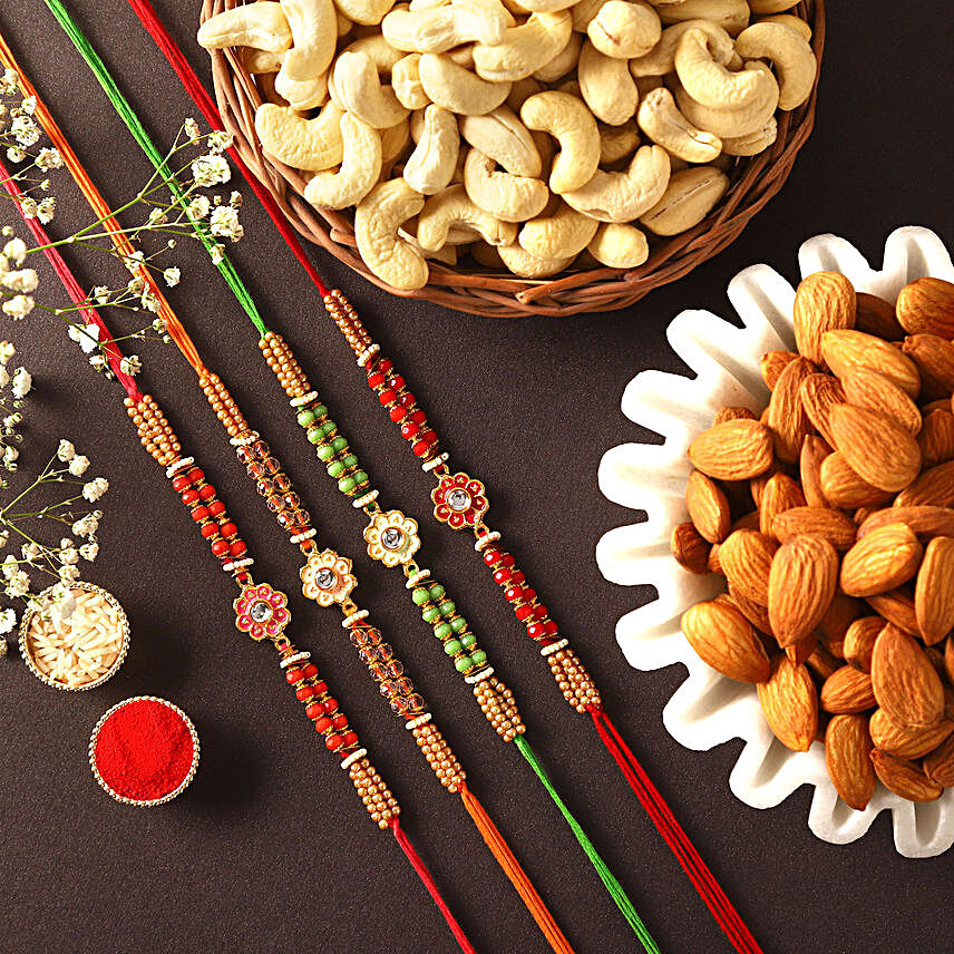 Sneh Meenakari Rakhis With Almonds & Cashews:Set of 4 Rakhi to Singapore