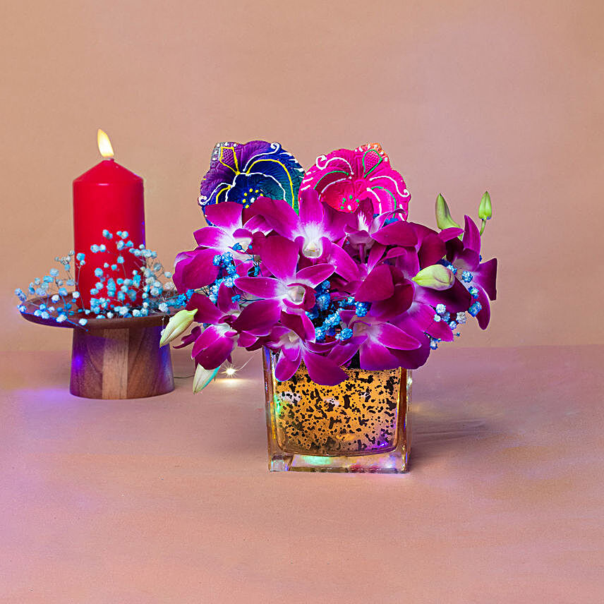 Orchids Vase N Diyas Diwali Combo:Diwali Gift Delivery in Singapore
