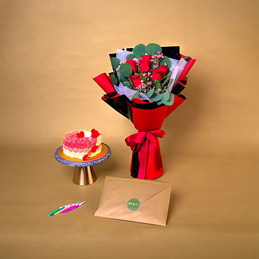 Roses N Chocolate Cake Surprise Combo:Flowers and Cake Delivery in Singapore
