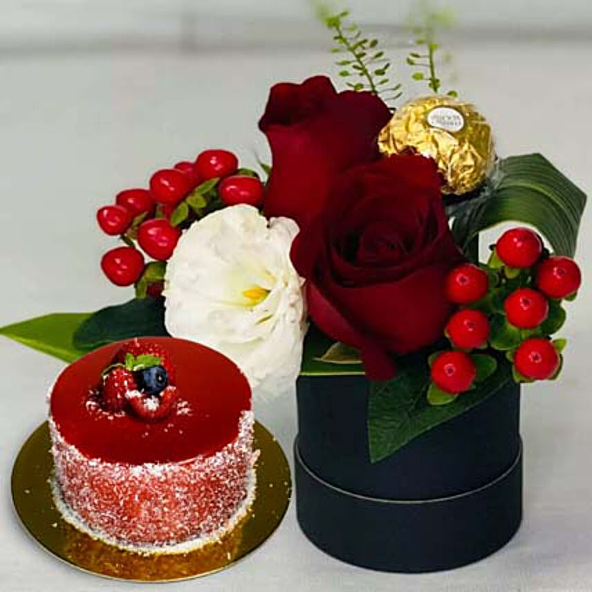 Roses And Rocher In The Box With Mini Mousse Cake