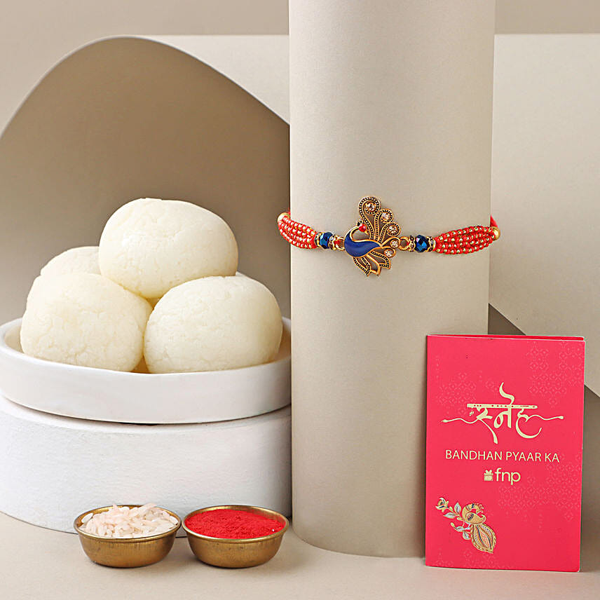 Sneh Blue Peacock Designer Rakhi with Rasgulla