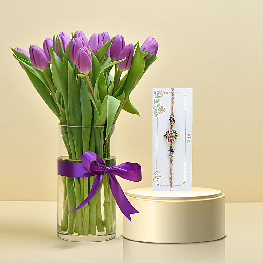 10 Purple Tulip Arrangement with Ganesha Rakhi