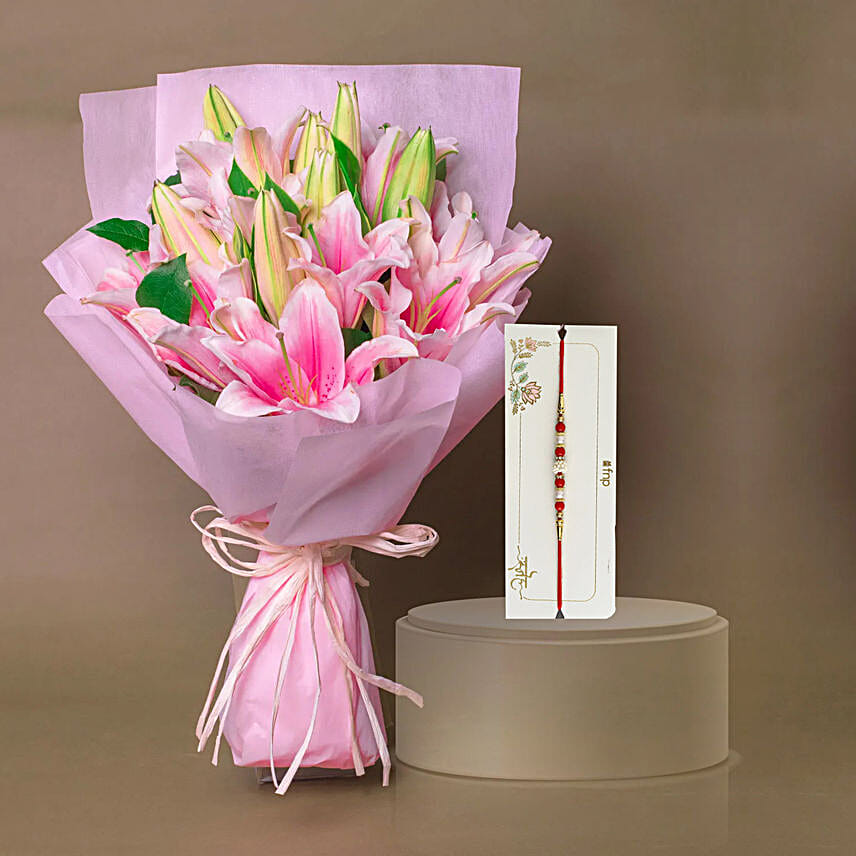 6 Passionate Oriental Pink Lilies with Red & White Pearl Rakhi