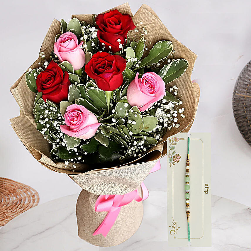 Attractive 6 Stolen Roses Bouquet with Green Pearl Rakhi
