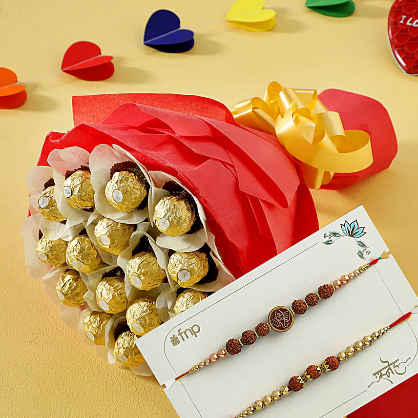 Bouquet of Sweetness With Rudraksha Rakhi Set