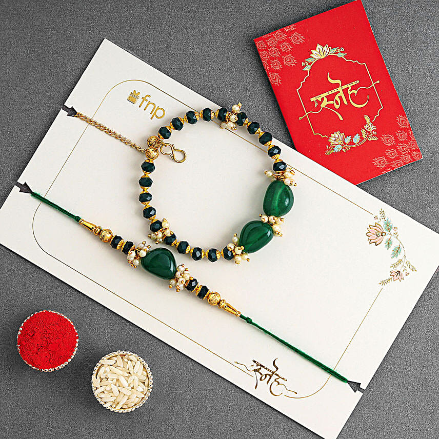 Enchanted Stone Work Lumba Pearl Rakhi Set N Sweet Treat