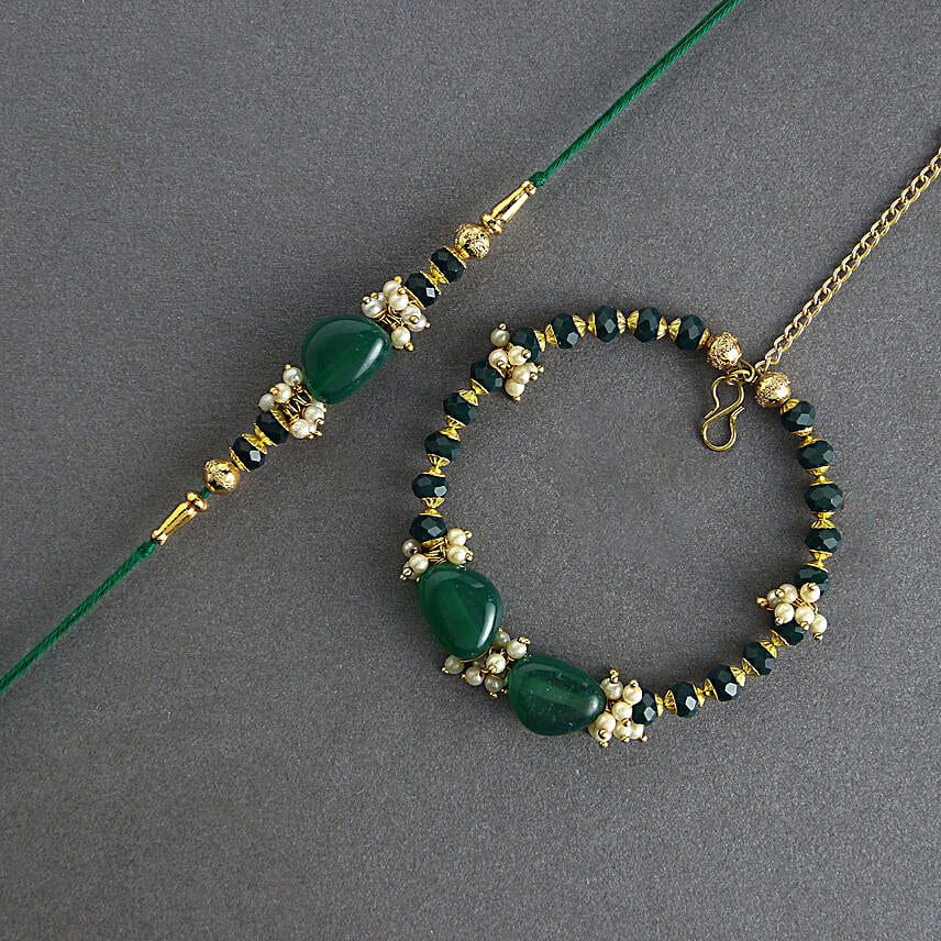 Enchanted Stone Work Lumba Pearl Rakhi Set N Sweet Treat