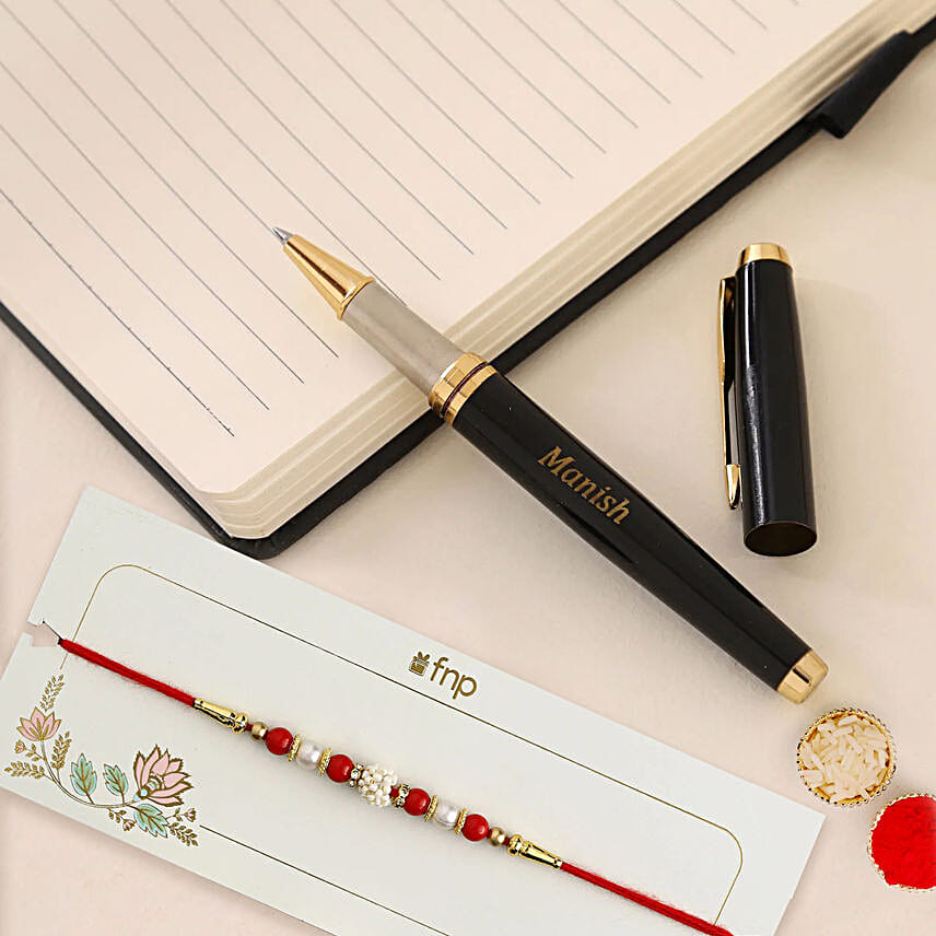 Ethnic Pearl Rakhi & Personalised Name Roller Pen