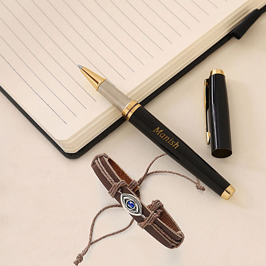 Evil Eye Bracelet Rakhi & Personalised Name Roller Pen