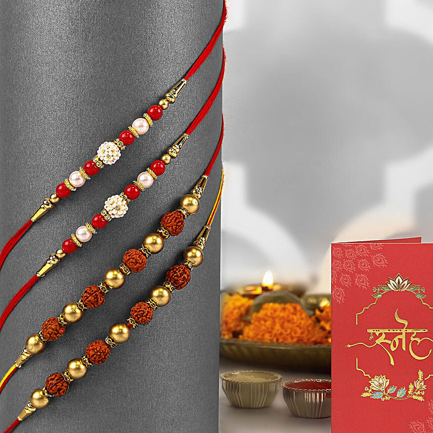 Pearls N Rudraksha Rakhi Set with Festive Delights