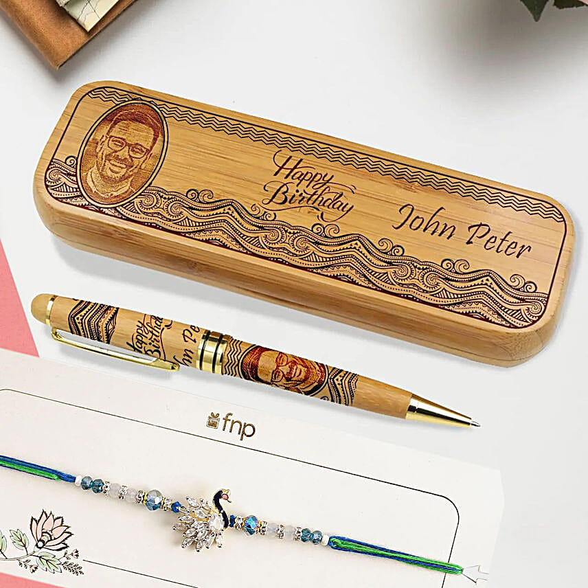 Personalised Wooden Pen for Dad With Designer Peacock Rakhi