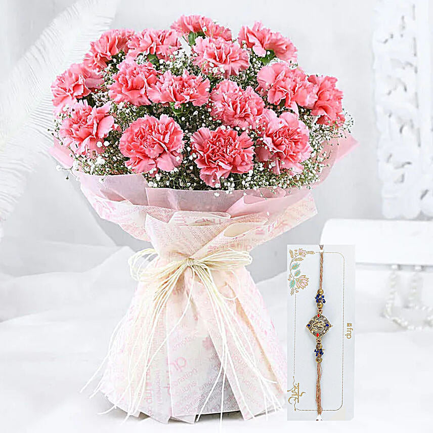 Pink Carnation Elegance Bouquet with Ganesha Rakhi