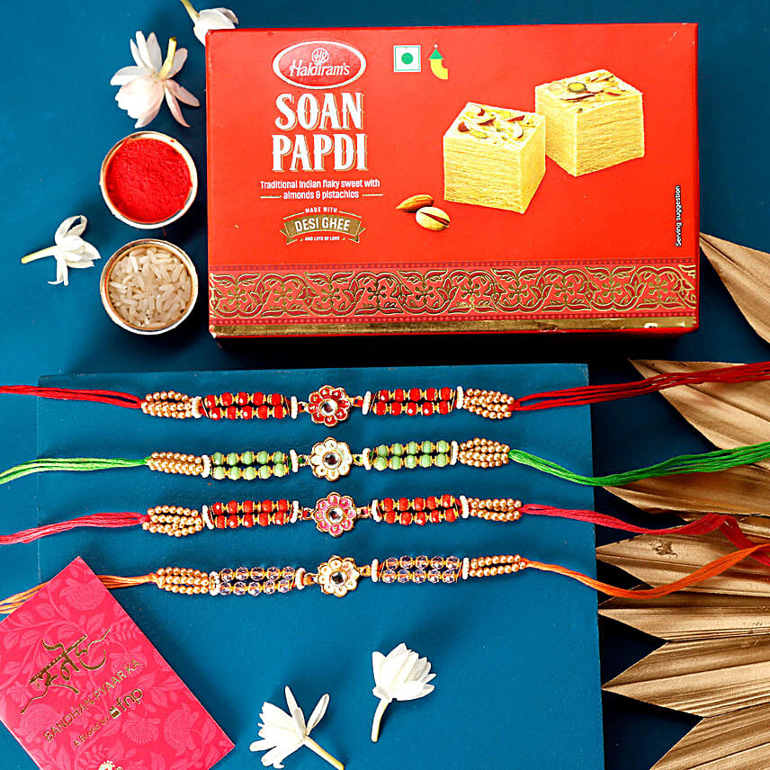 Sneh Meenakari Rakhi Set & Soan Papdi