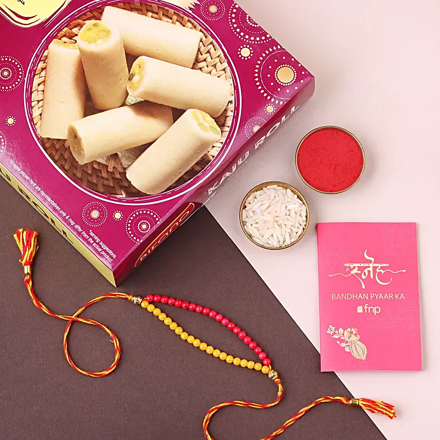 Sneh Red and Yellow Bead Rakhi with Kaju Roll