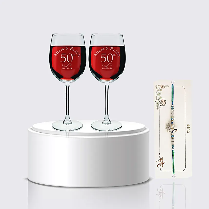 Special Engraved Glasses Set of Two With Designer Peacock Rakhi