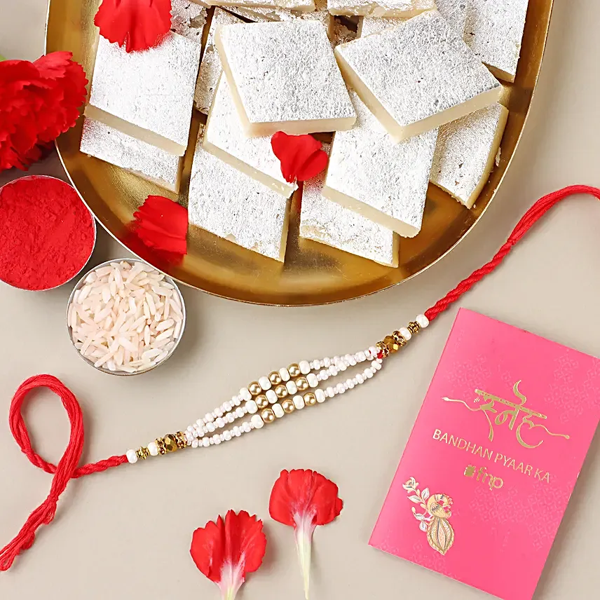White Pearl Bead Rakhi with Kaju Katli