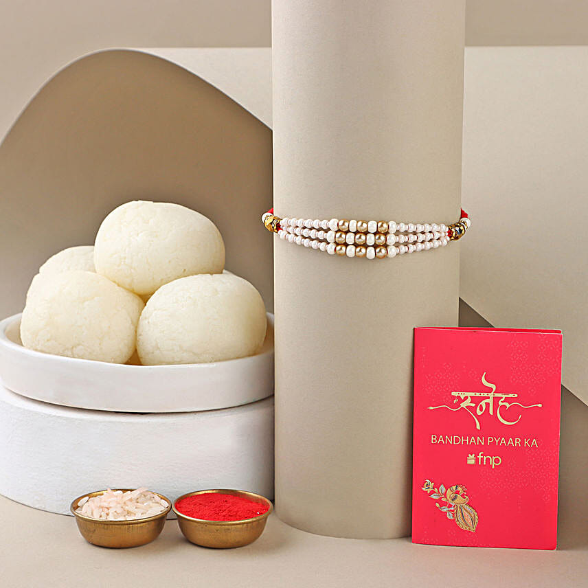 White Pearl Bead Rakhi with Rasgulla