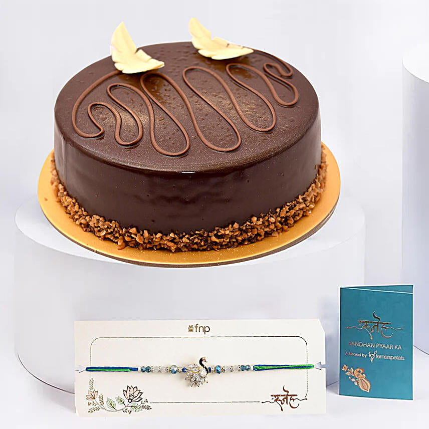 Yummy Chocolate Cake With Designer Peacock Rakhi