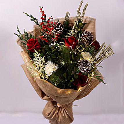 Elegant Jute Wrapped Flowers With LED:Send Christmas Flowers to Singapore