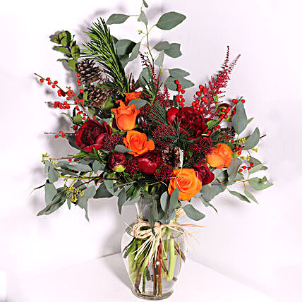 Orange Roses And Red Peonies Vase Arrangement:Send Christmas Flowers to Singapore