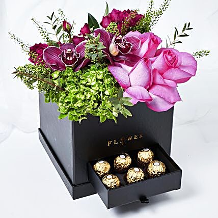 Beautiful Mixed Flowers Box Arrangement With Ferrero Rocher
