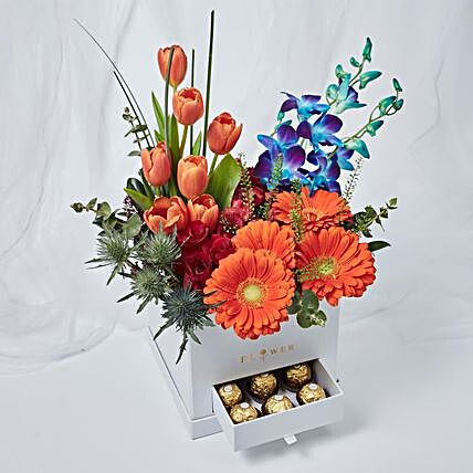 Premium Mixed Flowers Box Arrangement With Ferrero Rocher:Teachers Day Gifts In Singapore