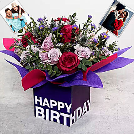 Personalised Mixed Flowers With Square Glass Vase:Personalised Gifts to Singapore