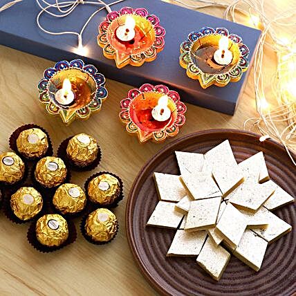 Designer Diyas With Ferrero Rocher And Kaju Katli:Send Sweets to Singapore