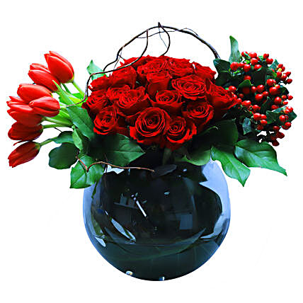 Blooming Roses & Tulip Vase Arrangement