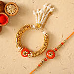 Orange Pearl And Lumba Rakhi Set With Soan Papdi