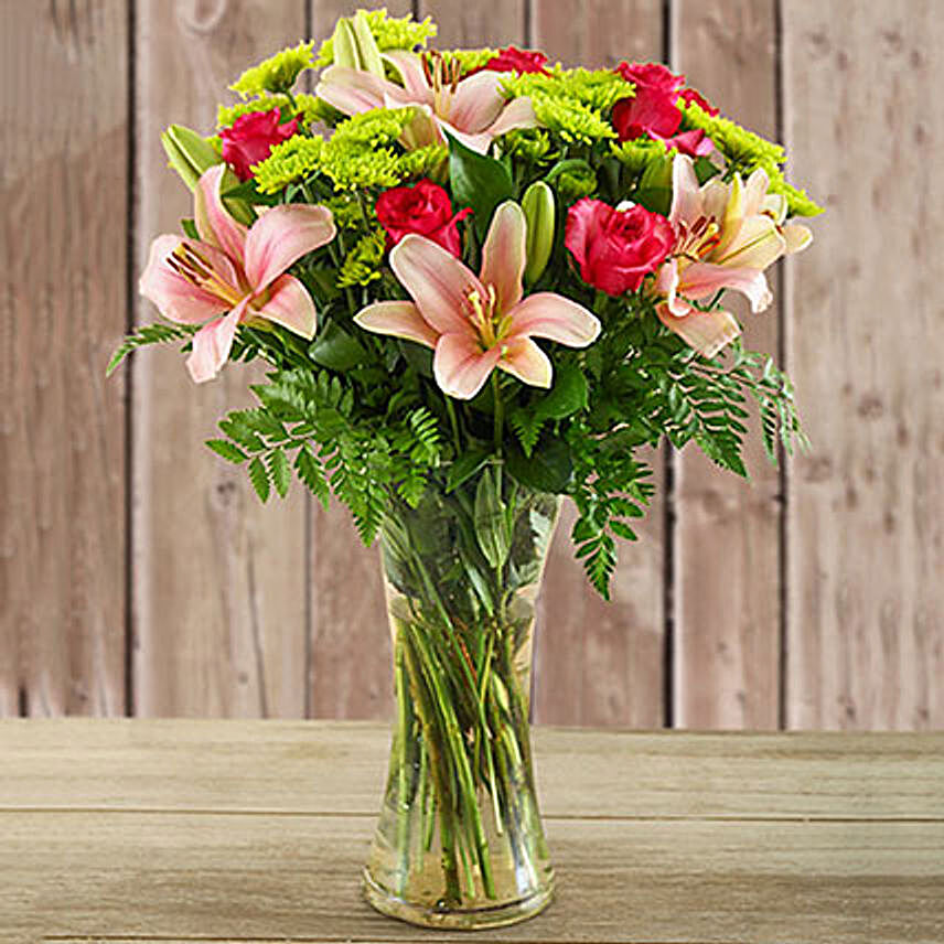 Pretty In Pink Lilies And Cerise Roses In A Vase:Send Ramadan Gifts to South Africa