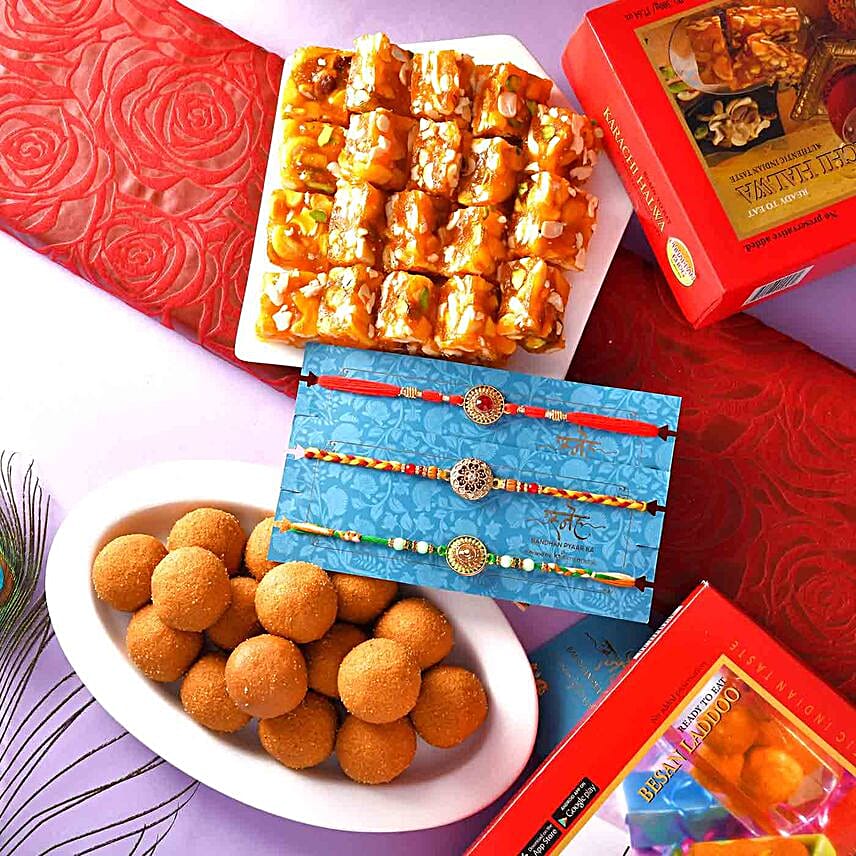 3 Royal Pearl Crystal Rakhis And Karachi Halwa Hamper southafrica