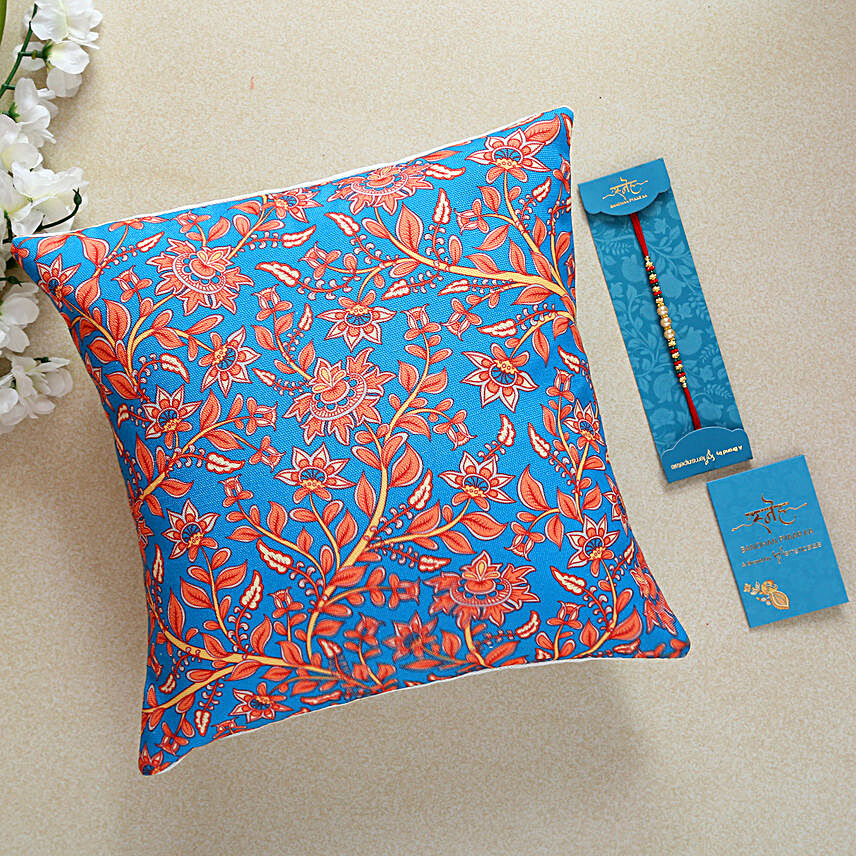 Pearl Rakhi And Floral Print Cushion