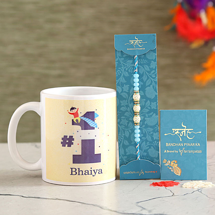 Sea Blue Pearl Rakhi And No 1 Bhaiya Mug Combo