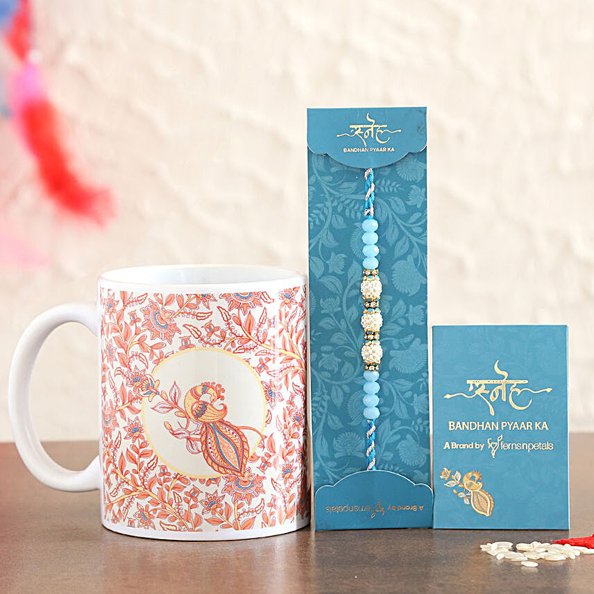 Sea Blue Pearl Rakhi And Printed Mug Combo