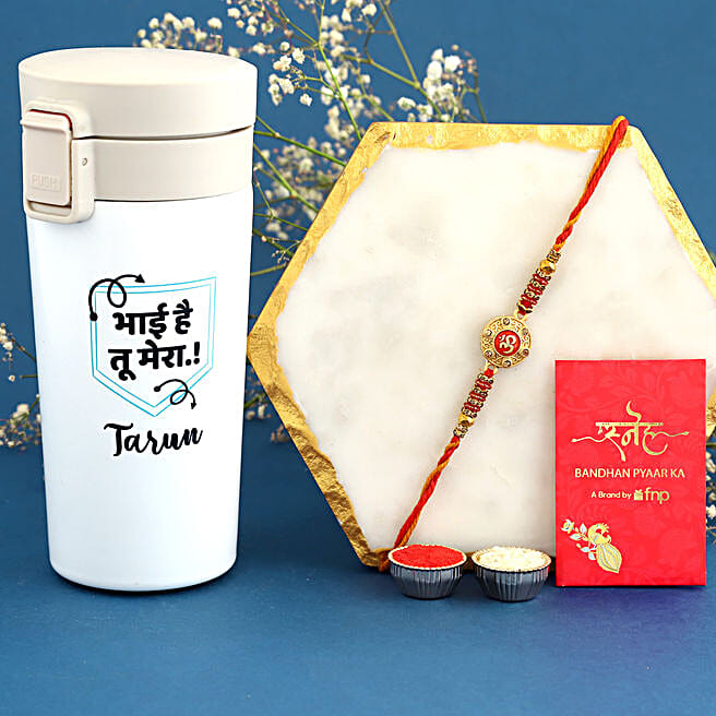 Sneh Meenakari Om Rakhi and Personalised Steel Tumbler southafrica
