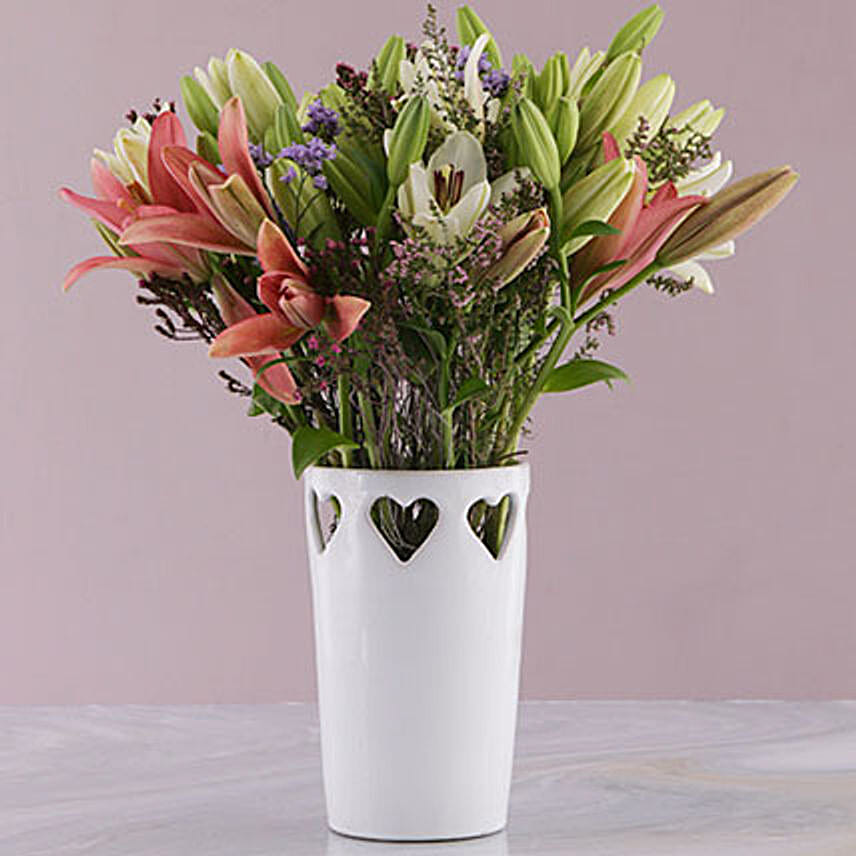 Asiflorum Lilies In Heart Pattern Vase