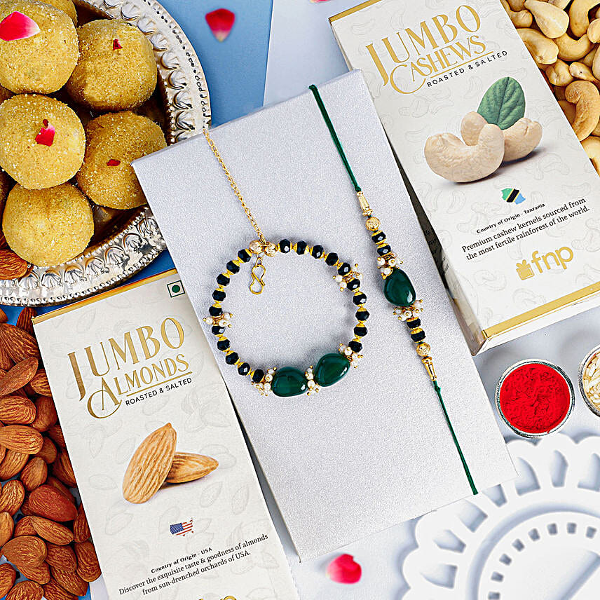 Enchanted Emerald Bhaiya Bhabhi Pearl Set N Rakhi Delights