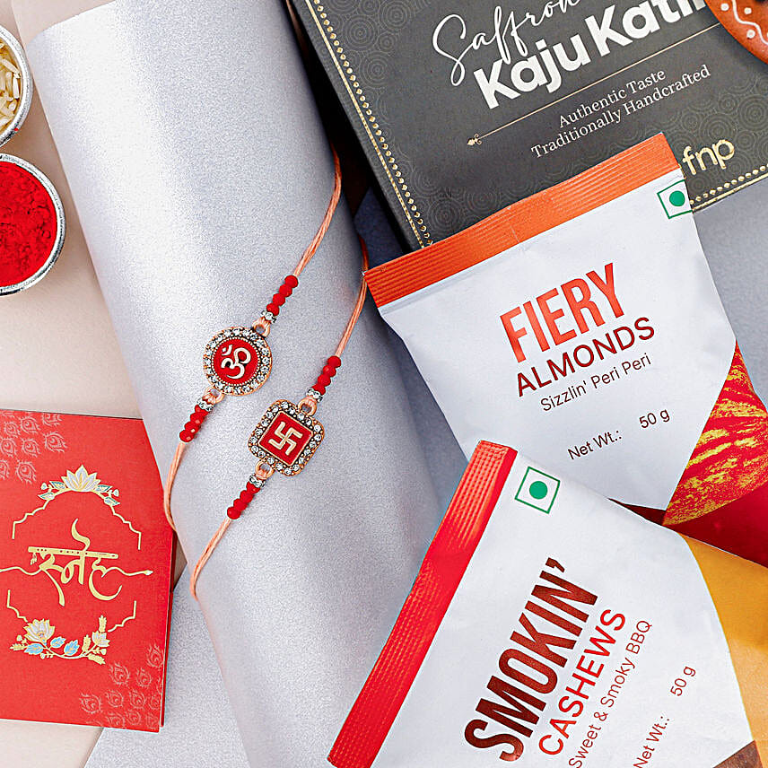 Ethereal Om Swastik Pair Rakhi N Savoury Delights